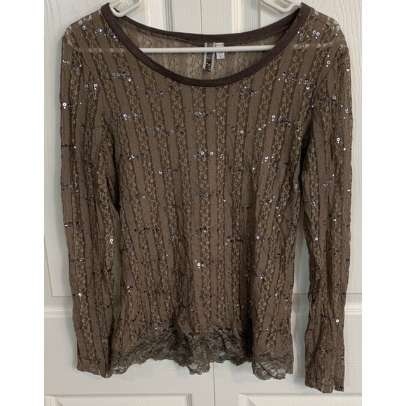 Buckle Tops - BKE Buckle Burnout Sequin Lace Top Shirt Womens L Taupe Y2K Sheer